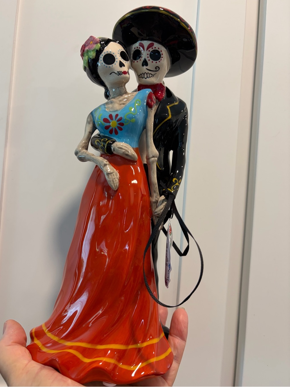 Blue Sky Hand-Painted Day of the Dead Couple Figurine - Orange & Black